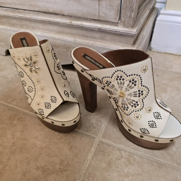 Roberto Cavalli Cream Embellished Beaded Women's Clog Mule Peep Toe Heels - Picture 5 of 8